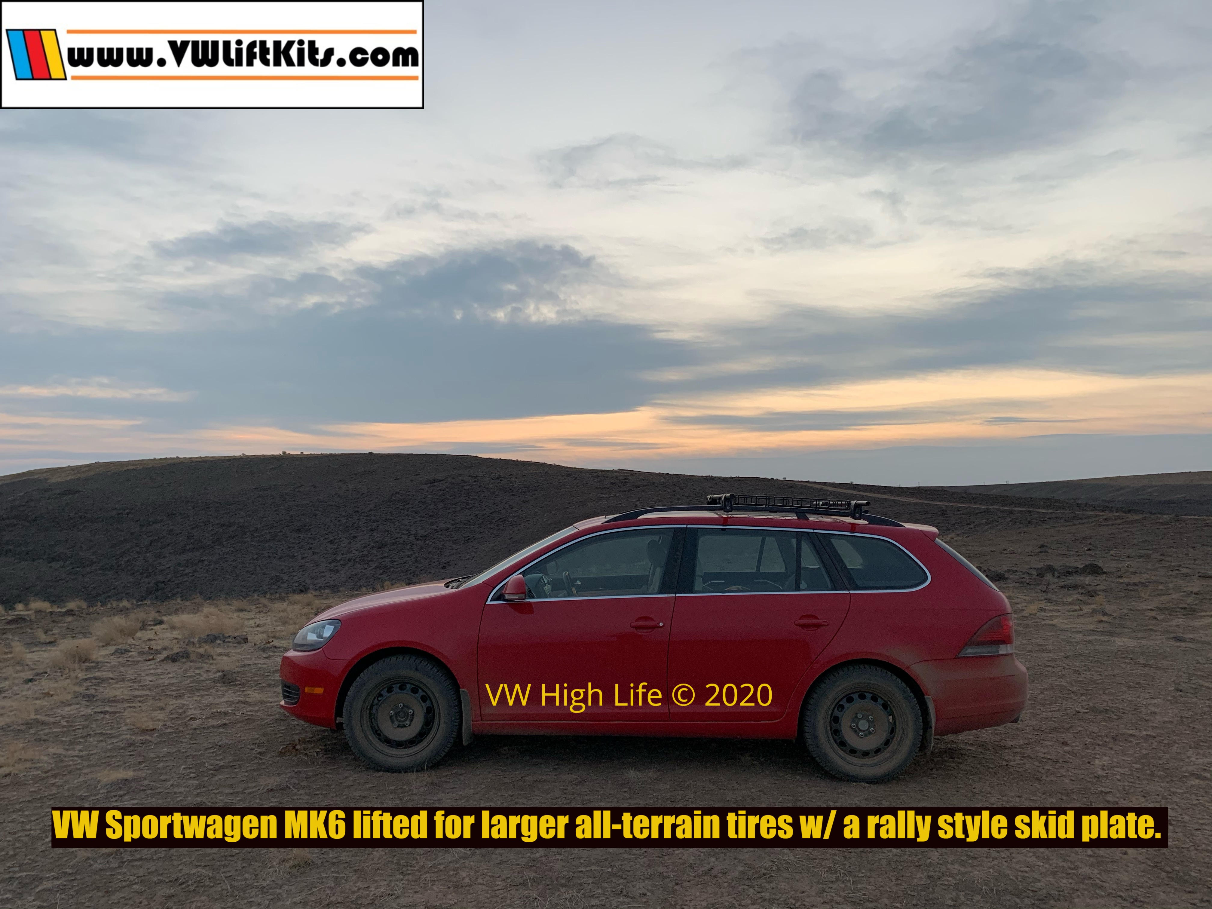 2013 VW Sportwagen MK6 lifted for larger all-terrain tires and a rally style skid plate.